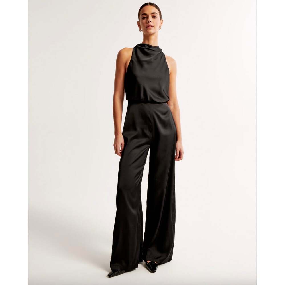 Abercrombie & Fitch Black Satin Wide Leg Jumpsuit Size Small S Cowl Neck